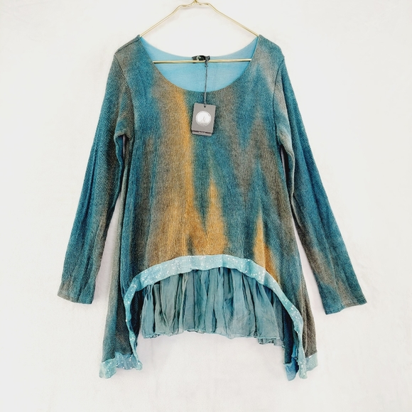 M Tops - NWT Italian Knit Layered Tunic Scoop Neck Sequence Band Aqua Combo Top  Size L